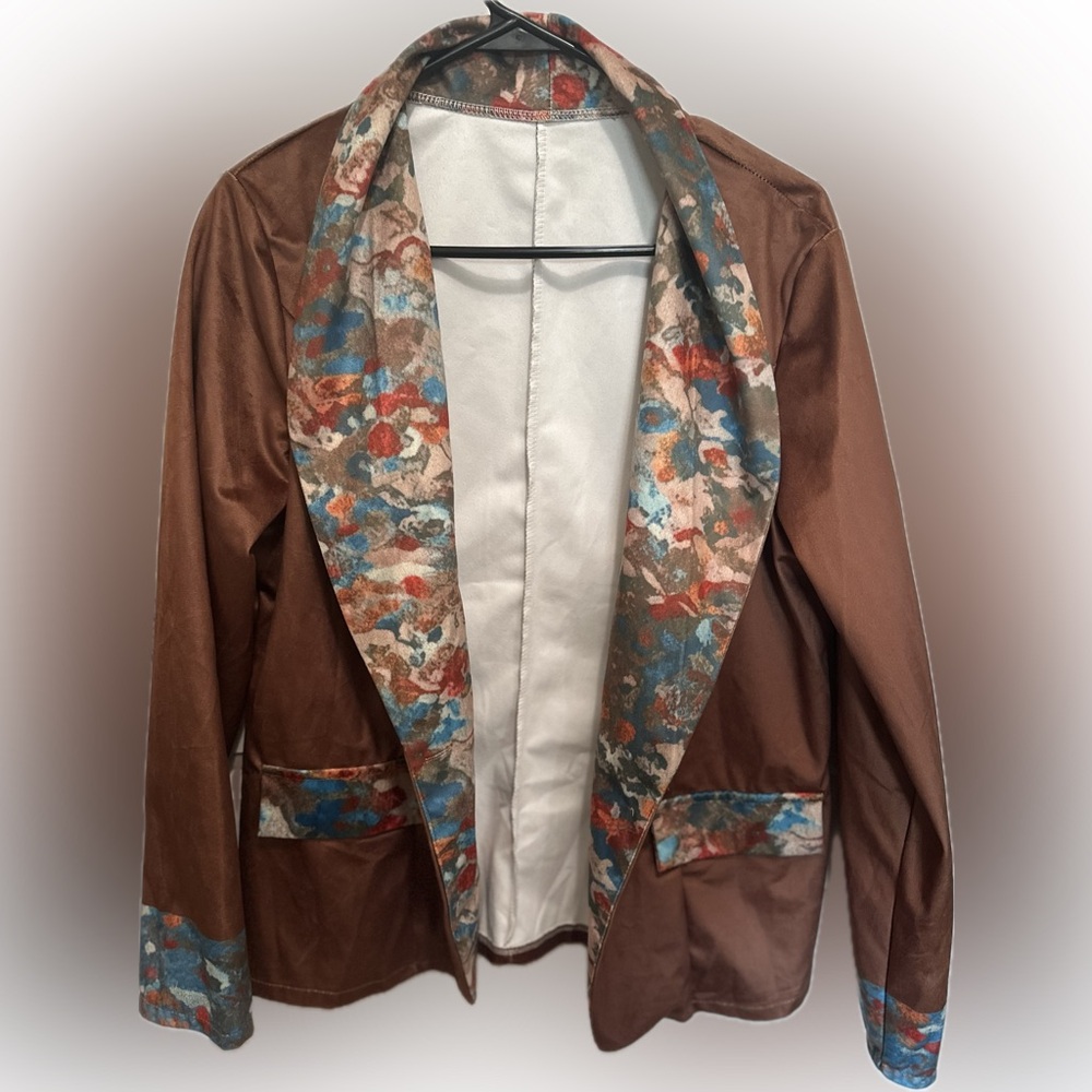 Women’s Brown Blazer Jacket with Abstract Colorful Patterned Lining Boho XL